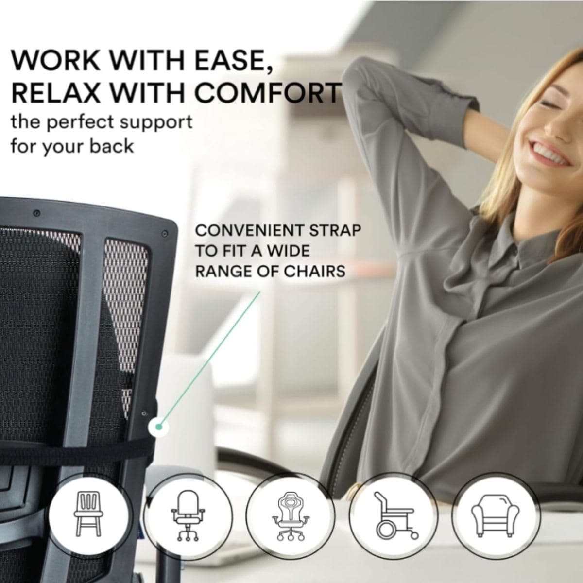 ObusForme Lowback Backrest Support - Lower Back Padded Seat Cushion and Lumbar Support Pillow, Portable Posture Support with Soft and Durable Foam thumbnail 4