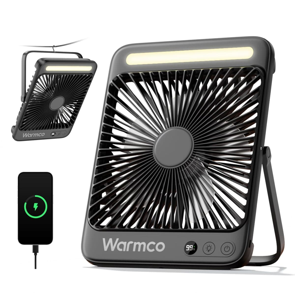 Warmco 20000mAh 8-inch Portable Camping Desk Fan, [15-48H Working Hours] Ultra-thin LED Light Rechargeable Battery Powered Travel Fan for Outdoor, Indoor, Cruise Essentials