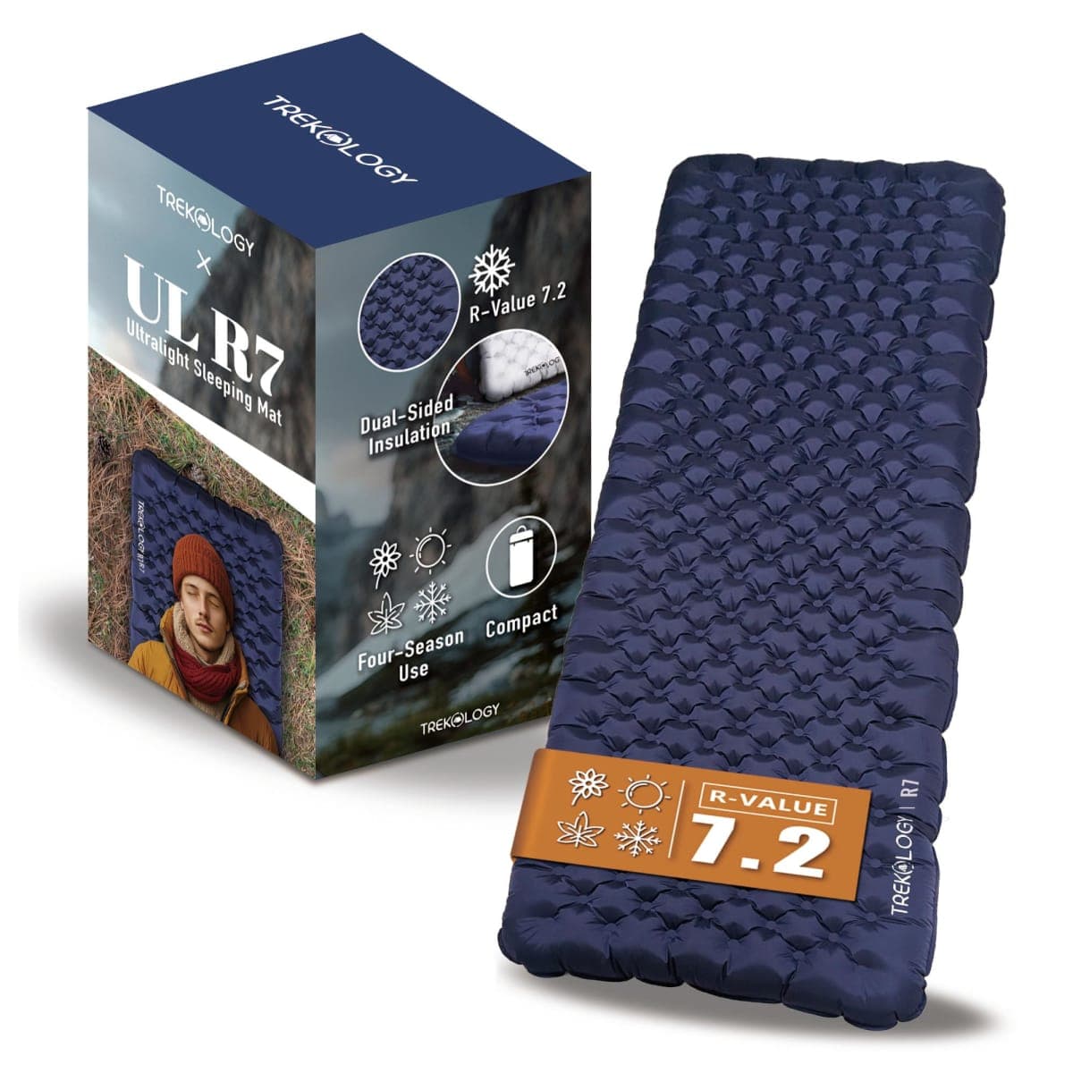 TREKOLOGY UL R7 Ultralight Sleeping Pad – R-Value 7.2, Insulated Camping Mattress for 4-Season Comfort, Inflatable Sleep Mat for Backpacking, Hiking, Winter Camping, Compact & Lightweight (Blue)