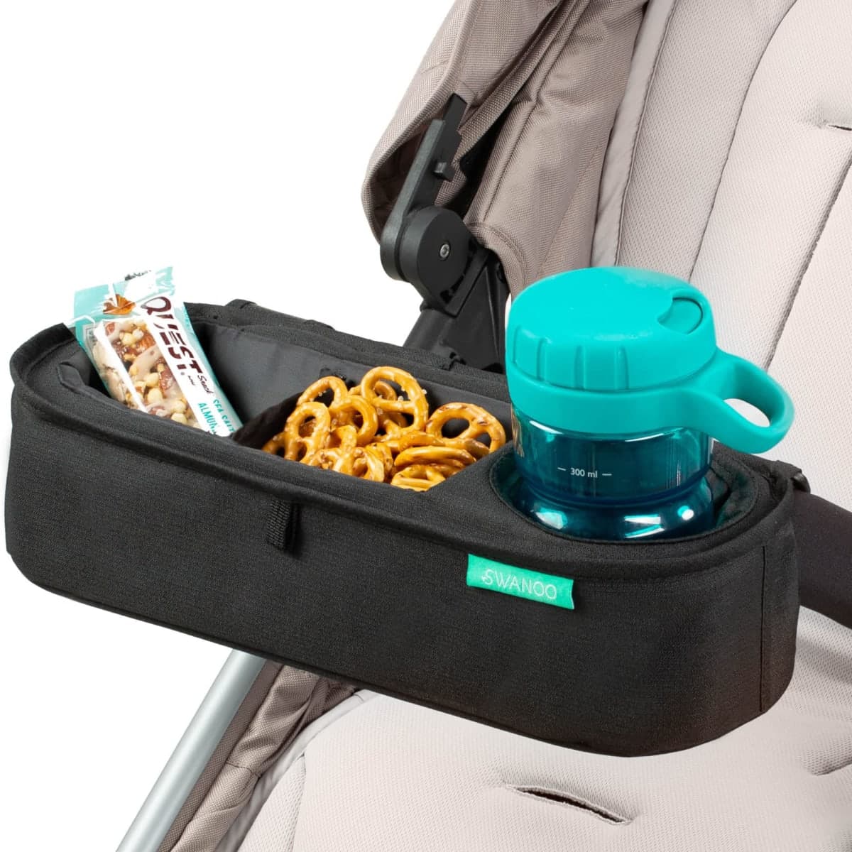 Universal Stroller Tray With Insulated Sippy Cup Holder - Upgraded Rigid Frame Stays Upright - Exclusive Non-Slip Straps Firmly Grip Bar - Snack Tray Attachment