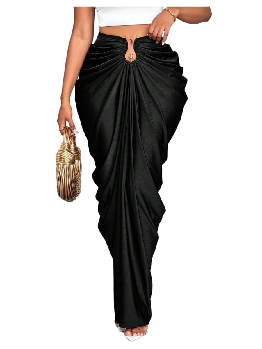 WDIRARA Women's Skirt Ruched High Waisted Bodycon Maxi Skirts Cocktail Party Outfits Black X-Large