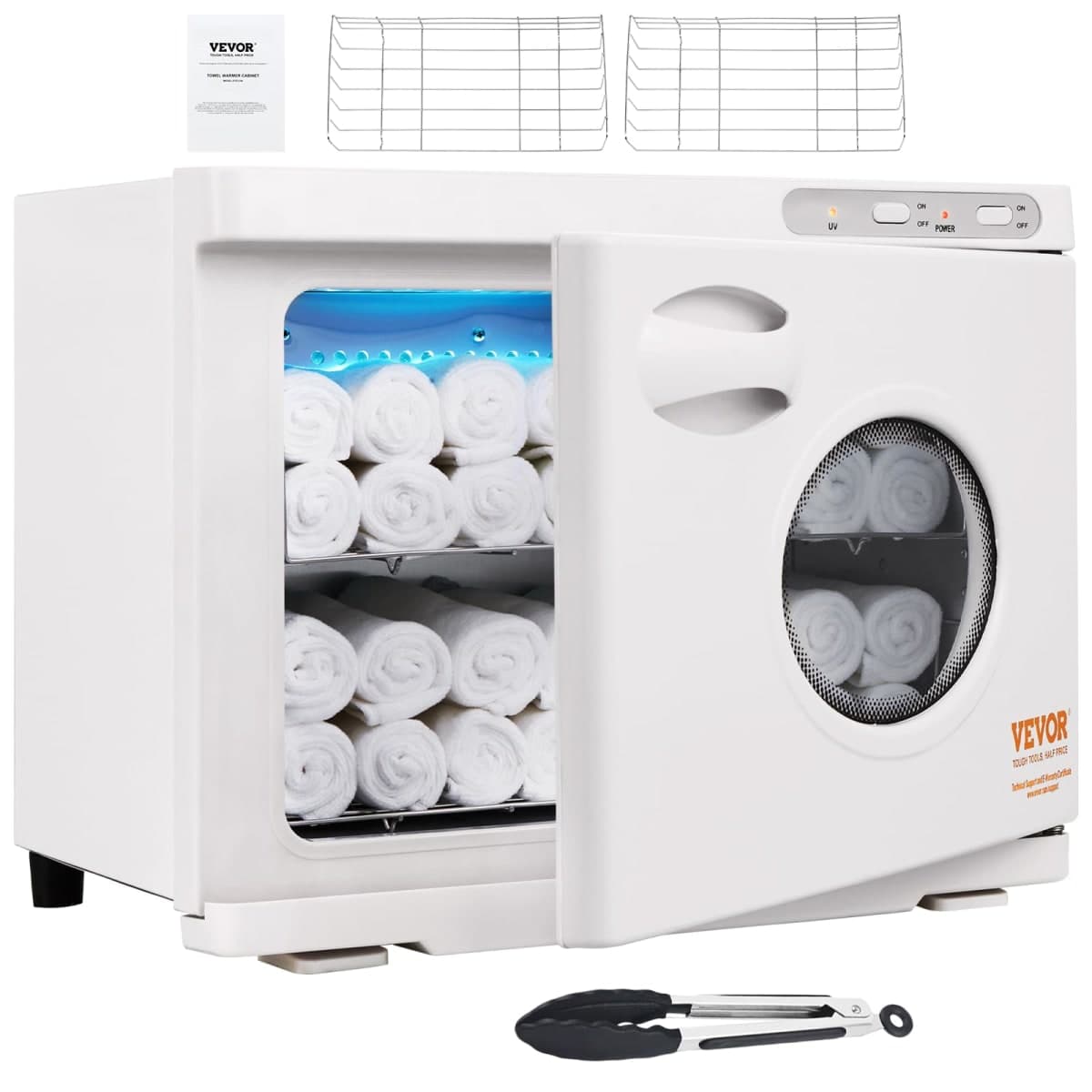VEVOR 23L Large Capacity Hot Warmers with See Through Window, 2 Stainless Steel Racks, Holds up 50-60 Towels, 2-in-1 Quick All-Round Heating for Facials, SPA, Massage, Salon, White