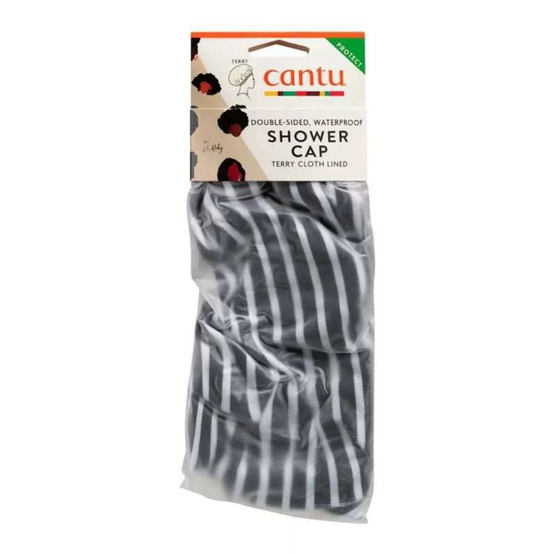 terry cloth shower cap with black and white stripes