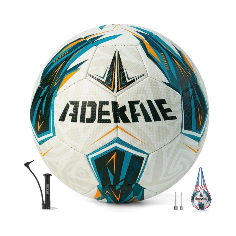 adekale size 5 soccer ball in cyan, livid, and white with grid-like texture