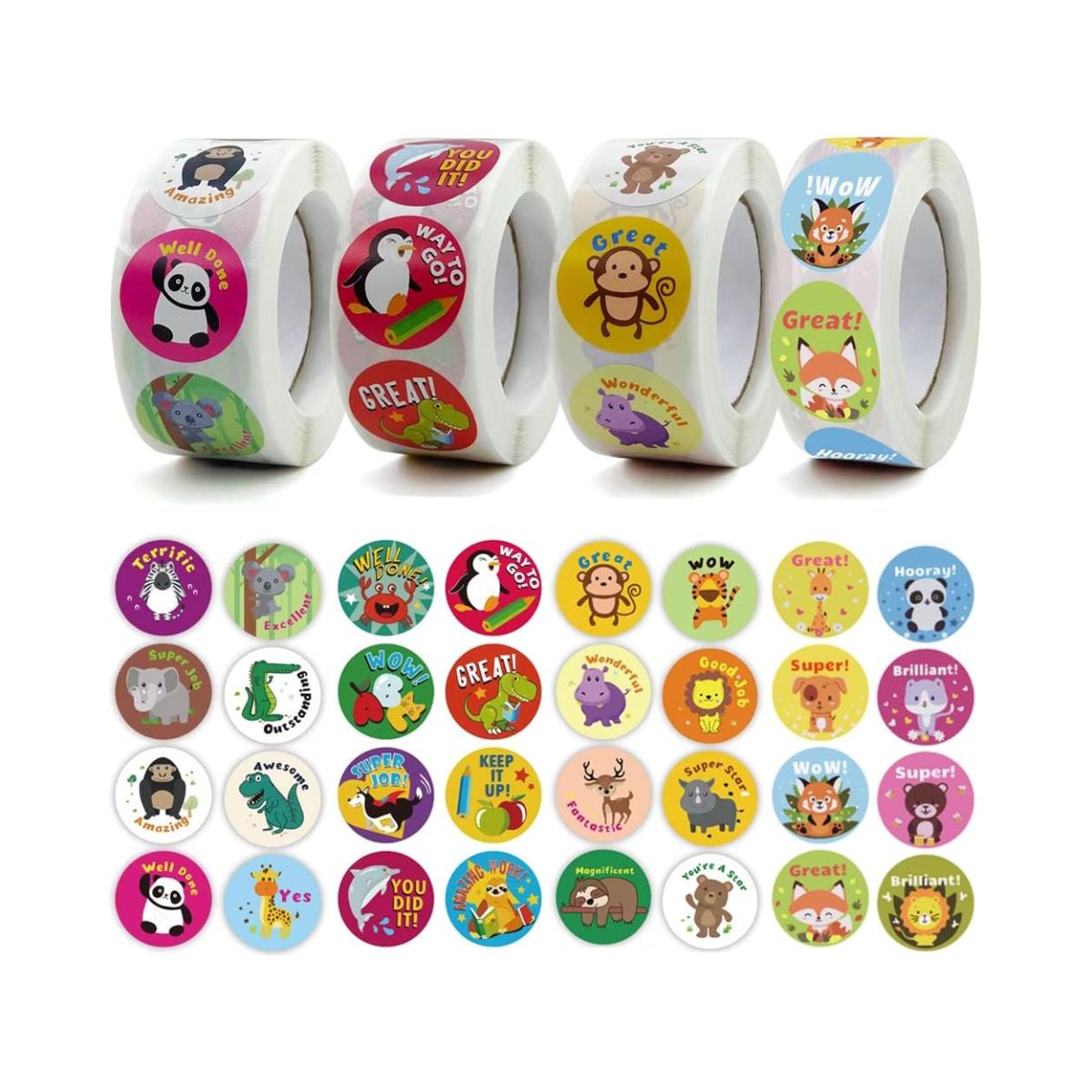 Motivational Reward Stickers - Rojuna 4 Rolls 1 Inch Rojuna motivational reward stickers with cartoon animals in colourful designs